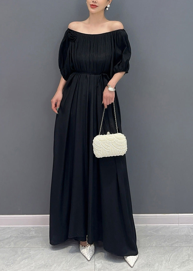 Simple Black Cold Shoulder Slash Neck Cotton Long Dress Summer AO1015 JDML-SDL240909