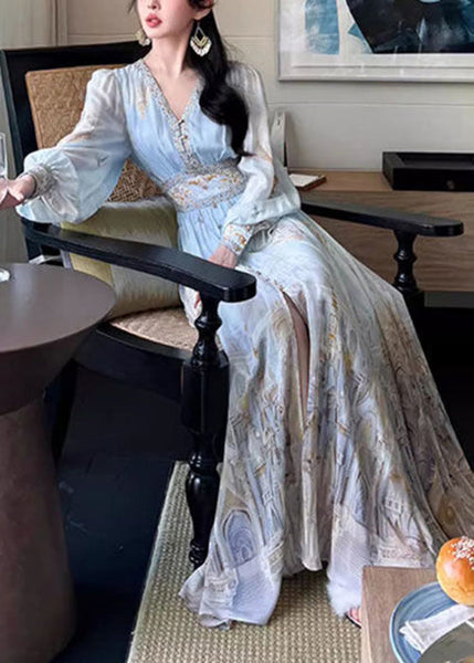 Maxi Chiffon Print Dresses Waist Blue Stylish V Spring High Neck FashionChic