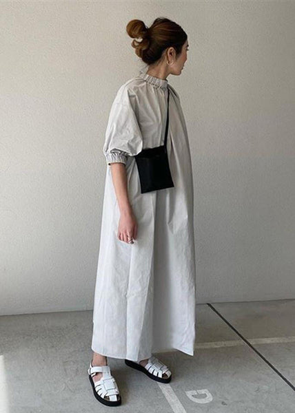 Navy Back Zippered Dress Half Women Cotton Maxi Sleeve FashionChic