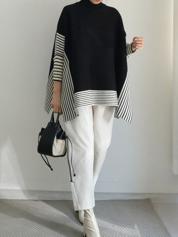 Design Loose High Neck Split-Side Striped Batwing Sleeve Sweater QX010 shopify