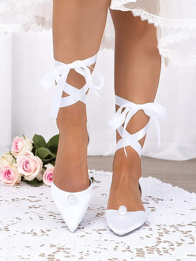 Women's Pearl Navy Toe - Satin Pointed Flats Embellished FashionChic