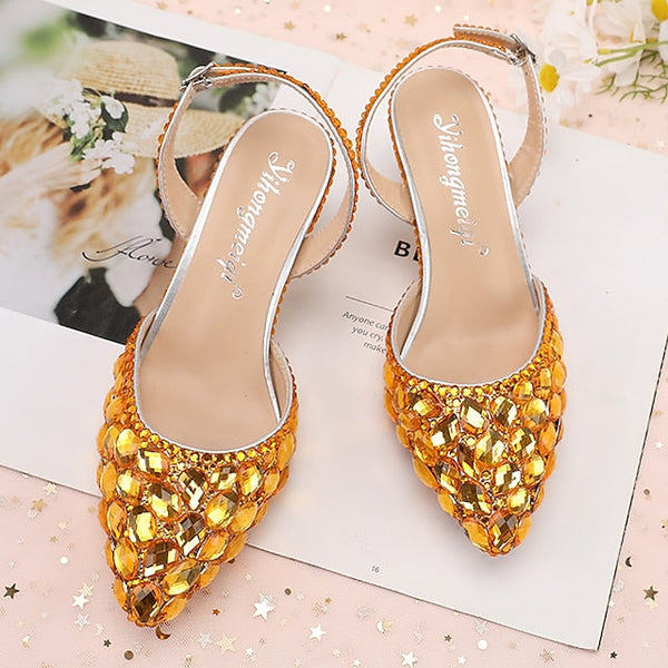 Heels Slingback Women's High Crystal Pointed-Toe Rhinestone FashionChic