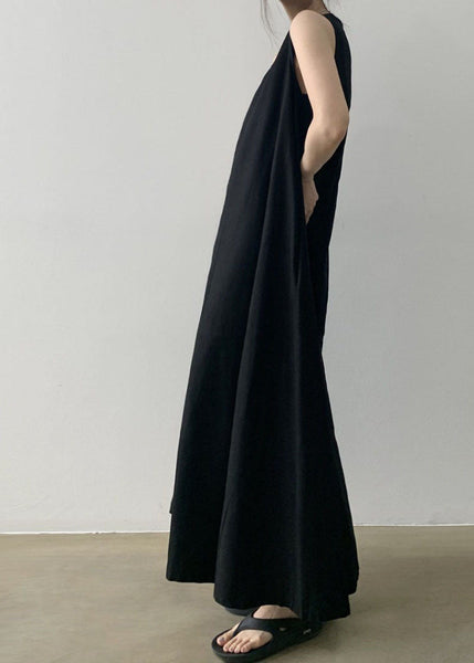 Black Sleeveless Robe O-Neck Cotton Dresses FashionChic