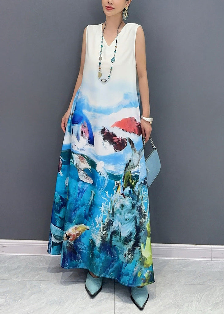 Fashion Blue V Neck Print Long Dress Sleeveless AO1053 JDML-SDL240909