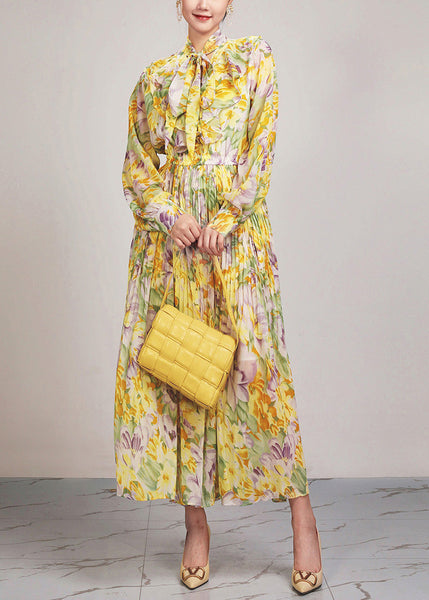 Beautiful Yellow Print Lace Up Chiffon Long Dress Long Sleeve AR1037 JDML-240823