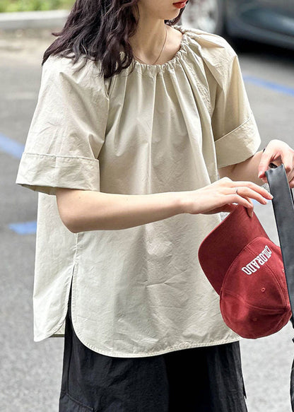 Simple Apricot O Neck Side Open Cotton T Shirt Summer AF1065 HS-STP240914