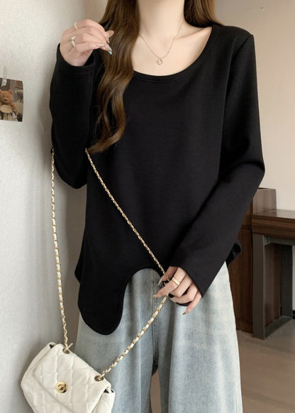 Simple Khaki O Neck Asymmetrical Design Cotton T Shirts Fall QC044 shopify