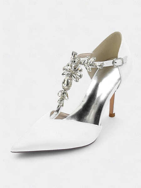 Heels Satin Blue Navy Toe – Pointed Women's T-Strap FashionChic