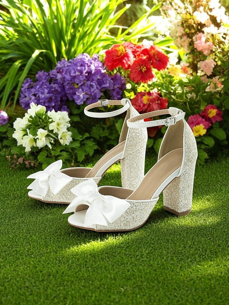 Wedding Heel White Women's Glitter Block with Ankle Sandals FashionChic