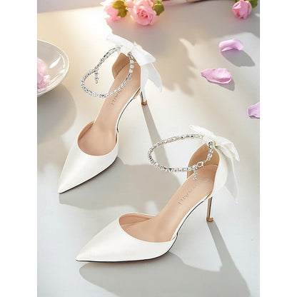 Toe Satin and with Pointed Bow Heels Ivory Women's Stiletto FashionChic