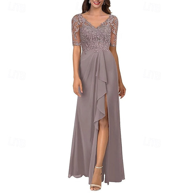 Dress Neck the V Simple Mother Bride Elegant of A-Line FashionChic