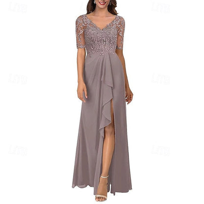 Dress Neck the V Simple Mother Bride Elegant of A-Line FashionChic