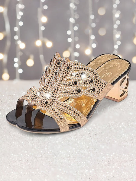 Embellished Green - Gold Rhinestone Sandals and Heeled FashionChic