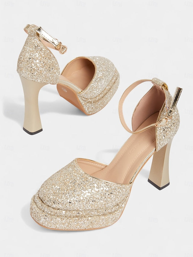 Women's Glitter High Gold Heels Platform FashionChic