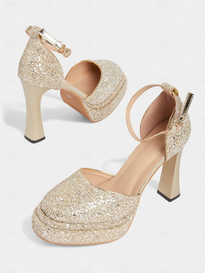 Women's Glitter High Gold Heels Platform FashionChic