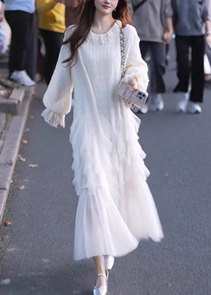 White Maxi Sleeve Solid Tulle Butterfly Dresses Elegant Patchwork FashionChic