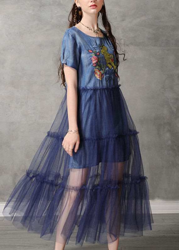 Classy Blue O-Neck Embroidered Tulle Patchwork Long Denim Dresses Short Sleeve NN020 shopify