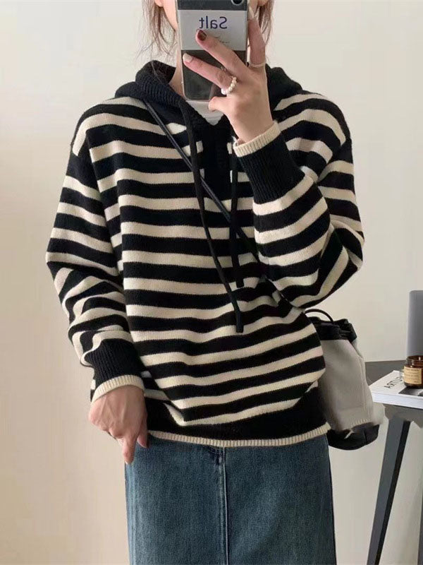 Casual Black Hooded Drawstring V-Neck Contrast Color Striped Long Sleeve Sweater QX019 shopify