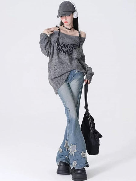 with Appliques Y2K Flare Blue/Black Jeans Star Silhouette FashionChic
