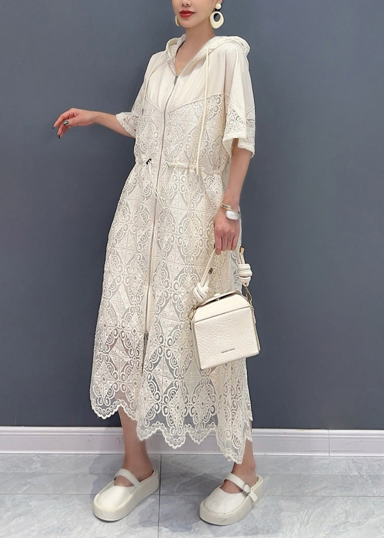 French White Hooded Cotton Zippered Hollow Out Dress Summer AO1073 JDML-SDL240909
