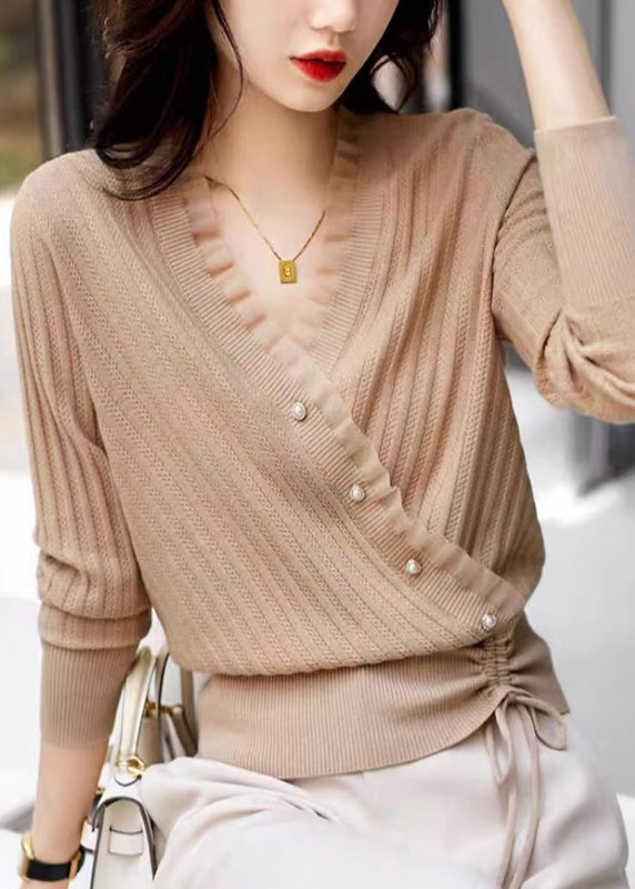 Fitted Blue V Neck Patchwork Drawstring Cotton Knit Sweaters Fall QP017 OL-NTP241001