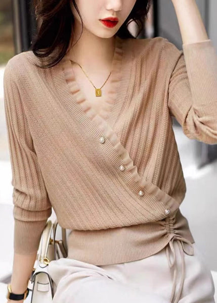 Fitted Blue V Neck Patchwork Drawstring Cotton Knit Sweaters Fall QP017 OL-NTP241001