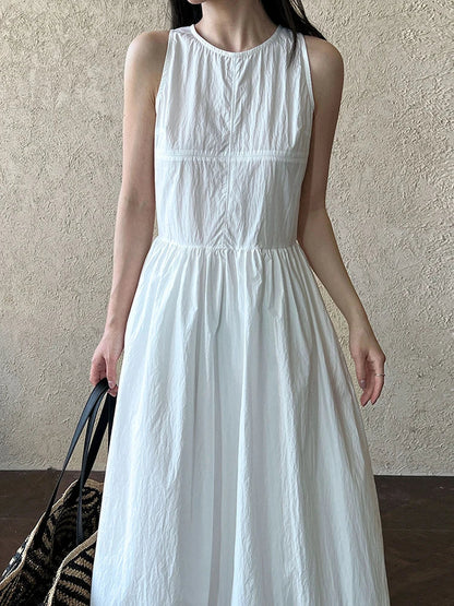 Patchwork O-neck Dress Simple Sleeveless Blue Puff Hem FashionChic