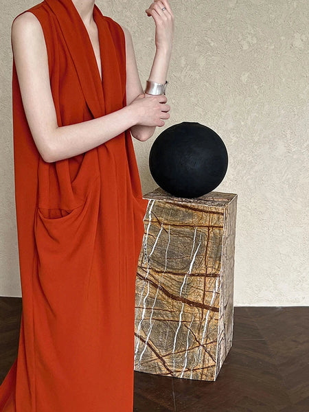 Pockets with Draped Sleeveless Dress Elegant Midi FashionChic