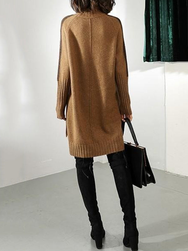 Urban Camel Half Turtleneck Contrast Color Long Sleeve Knit Sweater Dress AN1068 Genistyle Shop