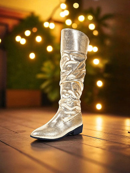 Knee High Metallic - Women's Slouch Gold Party Shiny Boots FashionChic