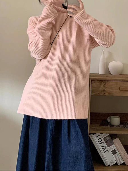 Simple Blue High Neck Split-Side Long Sleeve Sweater QX013 shopify