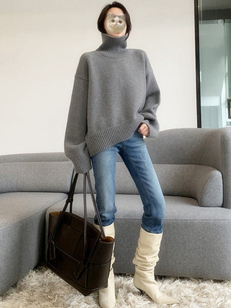 Casual Grey High-Neck Long Sleeve Sweater QX016 shopify