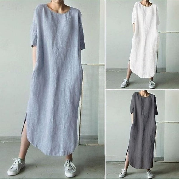 Women's Cotton Linen Midi Dress Shift Dress Summer Dress