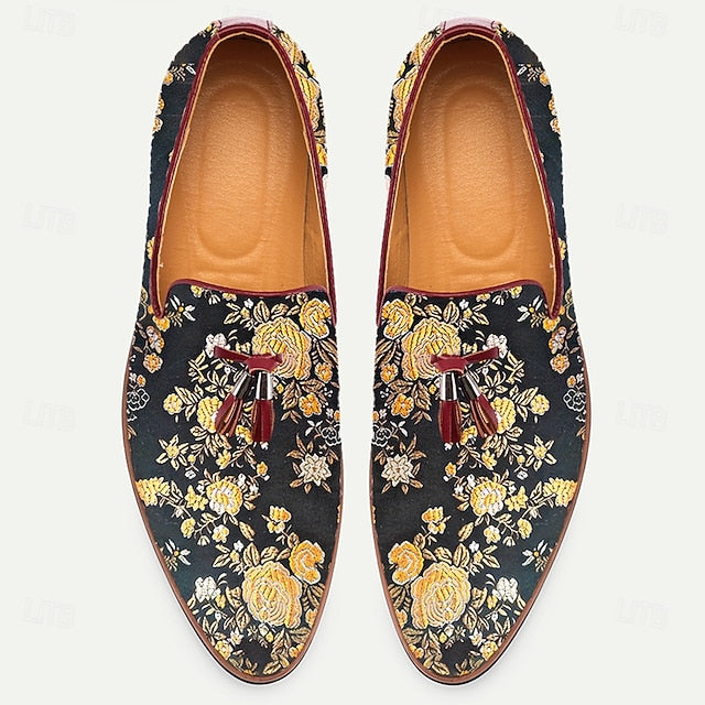 Jacquard for Tassels with Floral Men's Loafers Pattern FashionChic