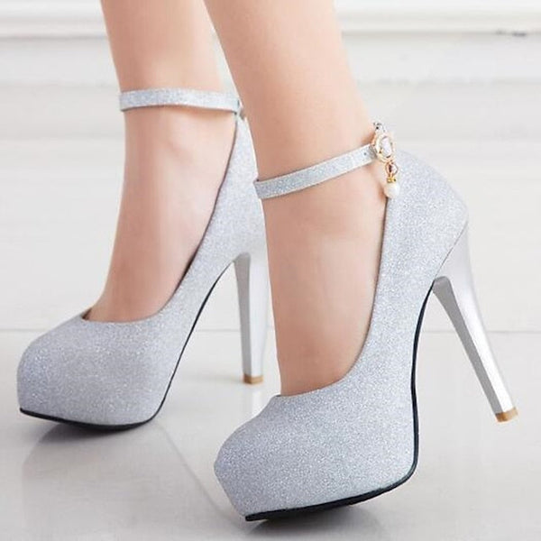 Stiletto Silver Heels Women's Glitter Ankle with Platform FashionChic