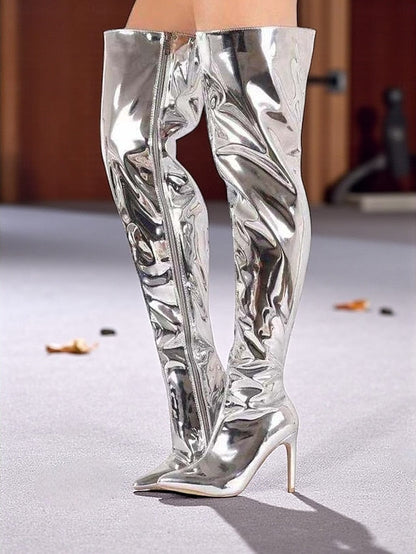 Toe Women's Patent Over-the-Knee Black Pointed Leather FashionChic