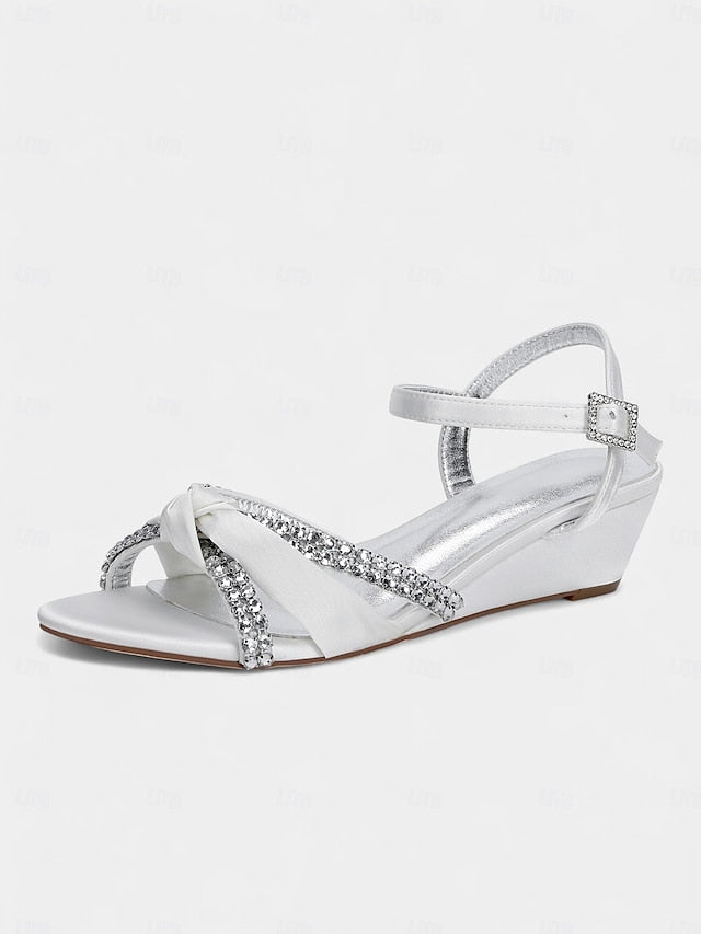 Knot Women's Rhinestone Wedge - Green Dress Satin Sandals FashionChic