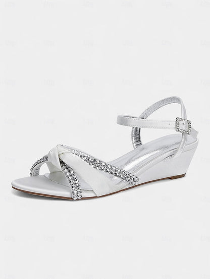 Knot Women's Rhinestone Wedge - Green Dress Satin Sandals FashionChic