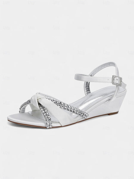 Rhinestone Sandals - Knot Wedge Dress Women's Satin Green FashionChic