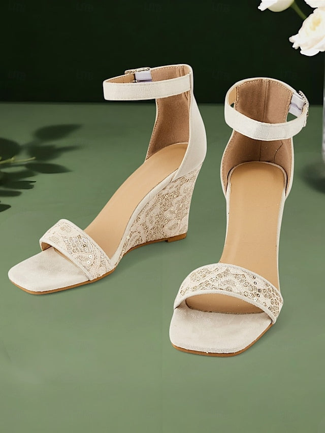 Stylish Ankle Women for Lace Strap Sandals White Wedge – Heel FashionChic
