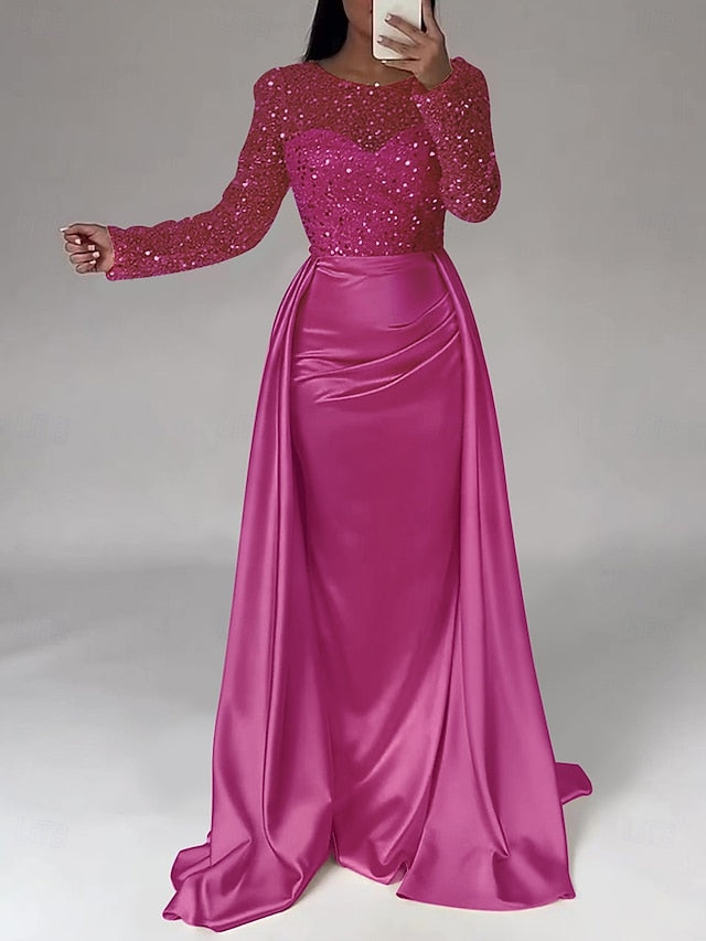 RuchedSatin Dress Sleeves Mermaid Gown Evening Sequin Long FashionChic
