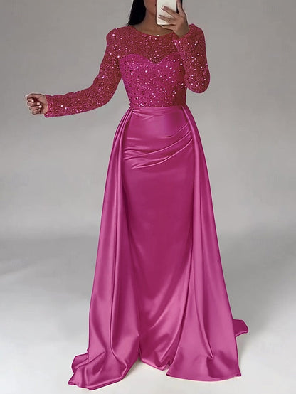 RuchedSatin Dress Sleeves Mermaid Gown Evening Sequin Long FashionChic
