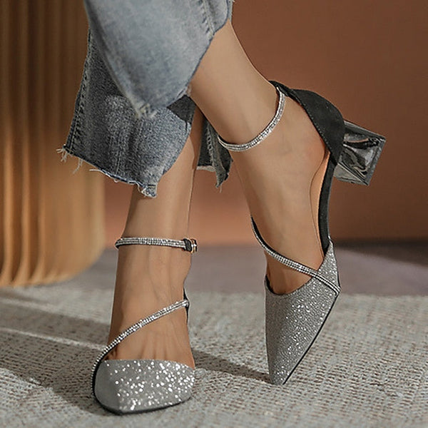 Mesh Women's Heels Pointed Glitter Ankle Block with Toe FashionChic