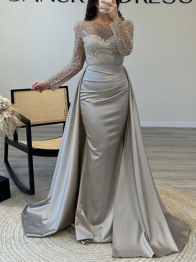 RuchedSatin Dress Sleeves Mermaid Gown Evening Sequin Long FashionChic