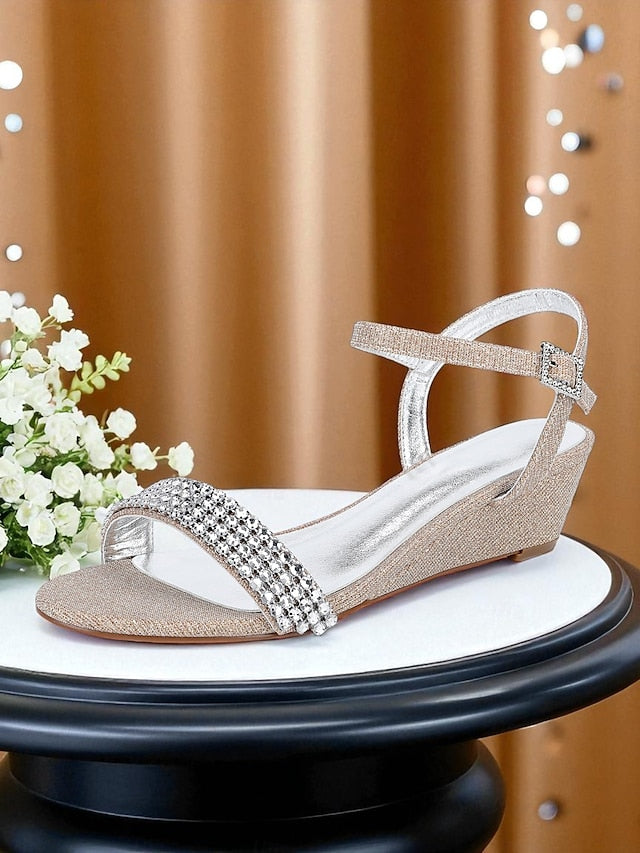 - Women's Champagne Rhinestone Sandals Open Toe Wedge FashionChic