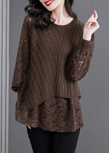 Women Coffee O-Neck Knit Patchwork Fake Two Pieces Top Fall WD029 OL-LTP241103