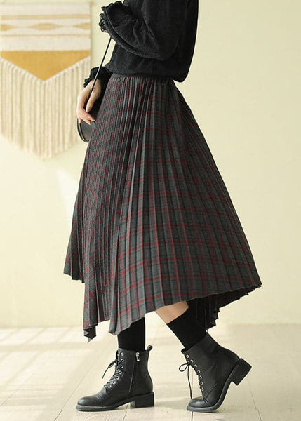 Women Chocolate Elastic Waist Asymmetrical Design Plaid Cotton Skirt Fall AJ1011 shopify
