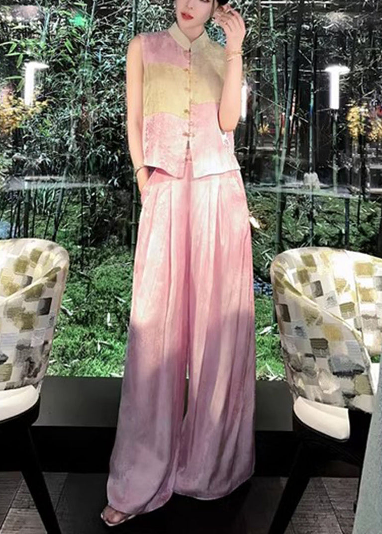 French Pink Button Waistcoat And Wide Leg Pants Silk Two Piece Set Sleeveless QP041 OL-TPIEC241001