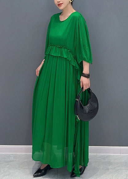 Handmade Green O-Neck Ruffled Wrinkled Vacation Chiffon Maxi Dresses Lantern Sleeve AO1027 JDML-FDL240909
