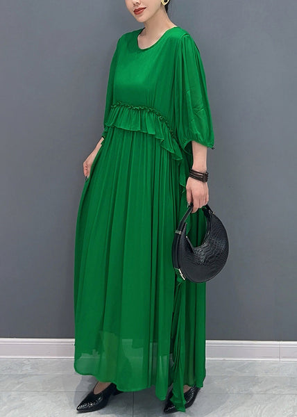 Handmade Green O-Neck Ruffled Wrinkled Vacation Chiffon Maxi Dresses Lantern Sleeve AO1027 JDML-FDL240909